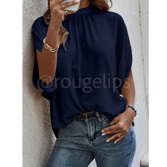Navy Blue Blouse Top Flowy, High Neck - Picture 3 of 11